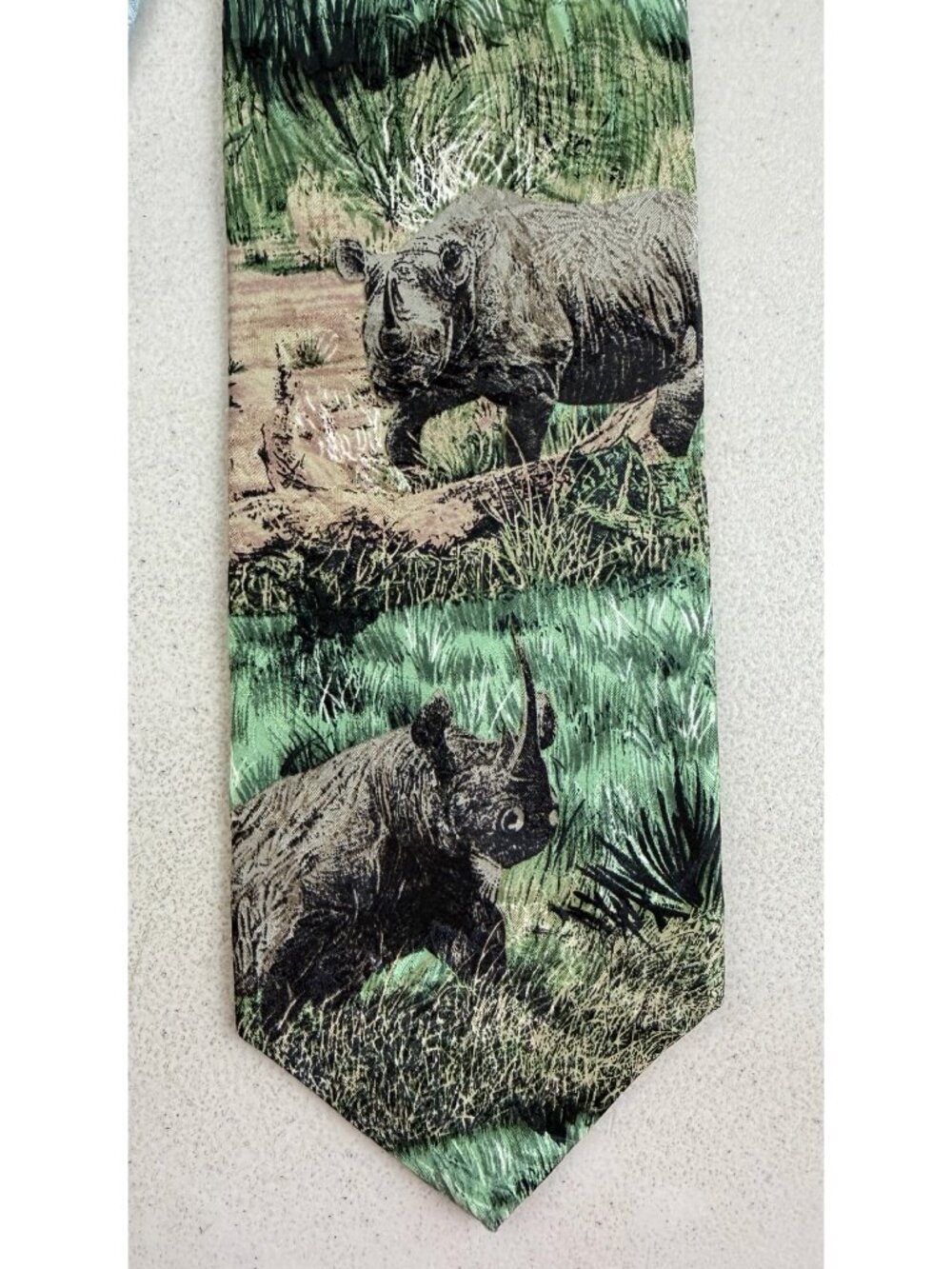 Vintage Rhinoceros Print Silk Tie 90s Endangered African Safari Rhinos Necktie